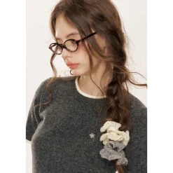 Kroche Color Blocked Edge Woolen Short Sleeved Top Gray