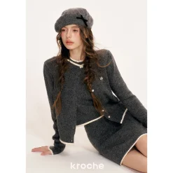 Kroche Color Blocked Edge Woolen Cardigan Gray