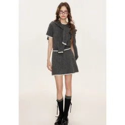 Kroche Color Blocked Edge Woolen Short Sleeved Top Gray
