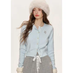 Kroche Color Blocked Floral Embroidery Cardigan Baby Blue