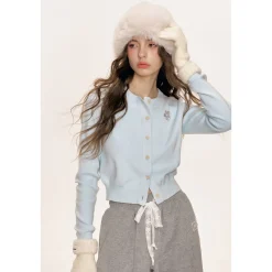 Kroche Color Blocked Floral Embroidery Cardigan Baby Blue