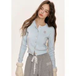 Kroche Color Blocked Floral Embroidery Cardigan Baby Blue
