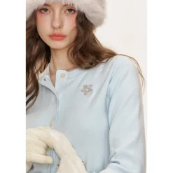Kroche Color Blocked Floral Embroidery Cardigan Baby Blue