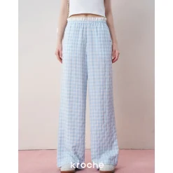 Kroche Color Blocked Lace Waist Plaid Pants