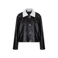 Kroche Color Blocked Lapel Leather Jacket Black