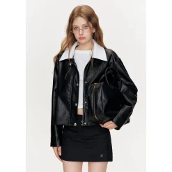 Kroche Color Blocked Lapel Leather Jacket Black