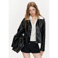 Kroche Color Blocked Lapel Leather Jacket Black
