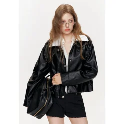 Kroche Color Blocked Lapel Leather Jacket Black