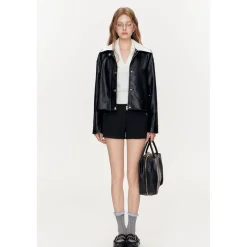 Kroche Color Blocked Lapel Leather Jacket Black