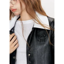 Kroche Color Blocked Lapel Leather Jacket Black