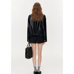 Kroche Color Blocked Lapel Leather Jacket Black