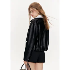 Kroche Color Blocked Lapel Leather Jacket Black
