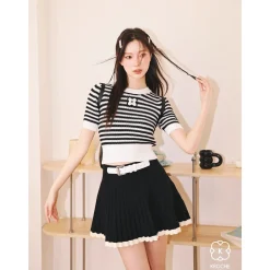 Kroche Color Blocked Pleated Knit Skirt Black