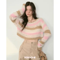 Kroche Color Blocked Striped Hollow Knitted Sweater