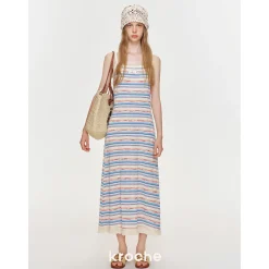 Kroche Color Blocked Tassel Striped Dress Blue And Pink