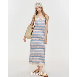 Kroche Color Blocked Tassel Striped Dress Blue And Pink