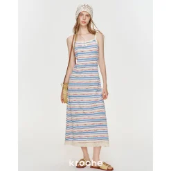 Kroche Color Blocked Tassel Striped Dress Blue And Pink