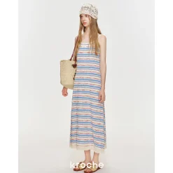 Kroche Color Blocked Tassel Striped Dress Blue And Pink