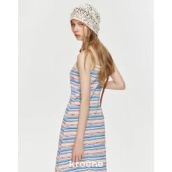 Kroche Color Blocked Tassel Striped Dress Blue And Pink