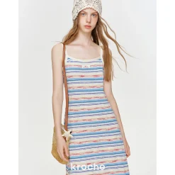 Kroche Color Blocked Tassel Striped Dress Blue And Pink