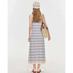 Kroche Color Blocked Tassel Striped Dress Blue And Pink