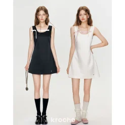 Kroche 3D Bow Color Blocked Satin Dress Black