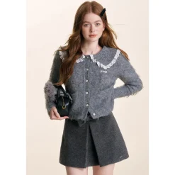 Kroche 3D Bow Plaid Patchwork Double Waist Skirt