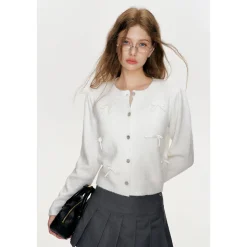 Kroche 3D Bow Sparkly Sequin Woolen Cardigan White