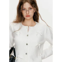 Kroche 3D Bow Sparkly Sequin Woolen Cardigan White