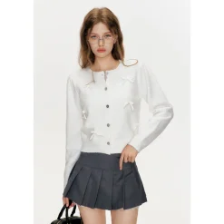 Kroche 3D Bow Sparkly Sequin Woolen Cardigan White