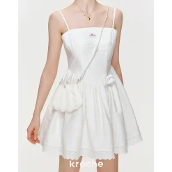 Kroche 3D Floral Hollow Out Lace Edge Halter Dress White