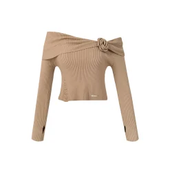 Kroche 3D Rose Off-Shoulder Knitted Top Khaki