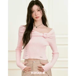 Kroche 3D Rose Off-Shoulder Knitted Top Pink