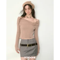 Kroche 3D Rose Off-Shoulder Knitted Top Khaki