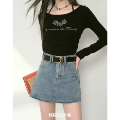 Kroche Denim Logo Embroidery Skirt Blue