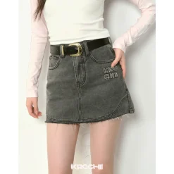 Kroche Denim Logo Embroidery Skirt Grey