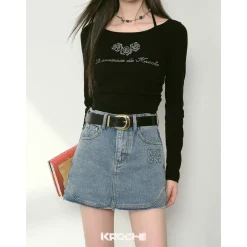 Kroche Denim Logo Embroidery Skirt Blue