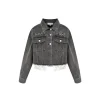 Kroche Destroy Logo Embroidery Short Denim Jacket Grey