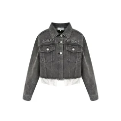 Kroche Destroy Logo Embroidery Short Denim Jacket Grey