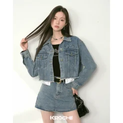 Kroche Destroy Logo Embroidery Short Denim Jacket Blue