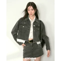 Kroche Destroy Logo Embroidery Short Denim Jacket Grey