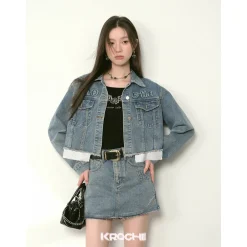 Kroche Destroy Logo Embroidery Short Denim Jacket Blue