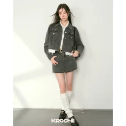 Kroche Destroy Logo Embroidery Short Denim Jacket Grey
