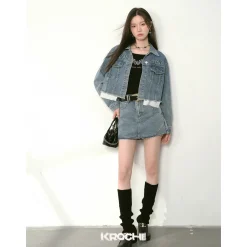 Kroche Destroy Logo Embroidery Short Denim Jacket Blue