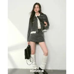 Kroche Destroy Logo Embroidery Short Denim Jacket Grey