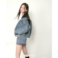 Kroche Destroy Logo Embroidery Short Denim Jacket Blue