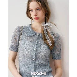 Kroche Diamond Hollow Out Knit Top Gray