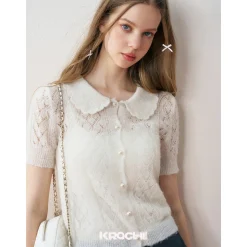 Kroche Diamond Hollow Out Knit Top White