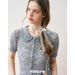 Kroche Diamond Hollow Out Knit Top Gray