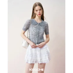 Kroche Diamond Hollow Out Knit Top Gray